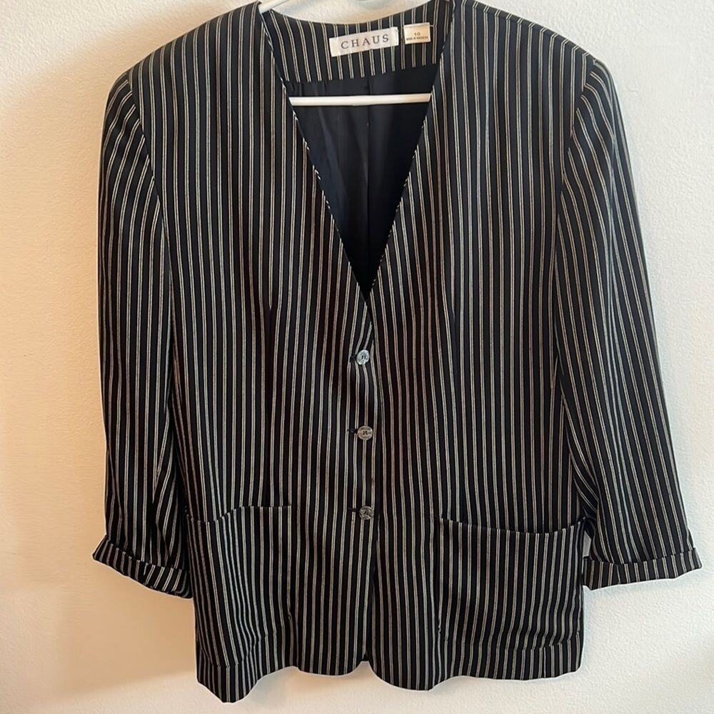 Chaus Womens Vintage Black Pinstripe Collarless Blazer Jacket Size 10